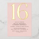 Invitación Con Relieve Metalizado Girly Rubor Pink & Gold | Glam Sweet 16th Birthday<br><div class="desc">Invitaciones modernas de 16 años con un gran epígrafe "16" en Relieve metalizado metálico real sobre fondo rosa claro bonito. (Los colores de fondo se pueden cambiar utilizando la herramienta de diseño. También puede cambiar el tipo de Relieve metalizado metálico.)</div>
