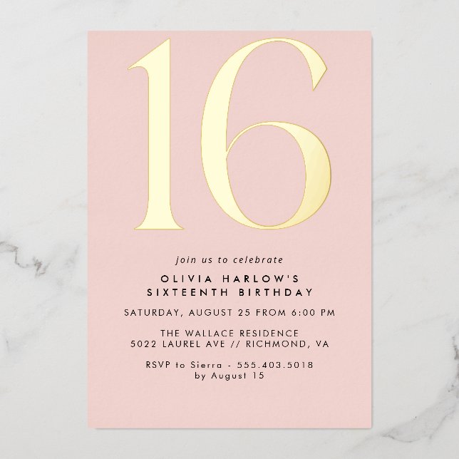 Invitación Con Relieve Metalizado Girly Rubor Pink & Gold | Glam Sweet 16th Birthday (Anverso)