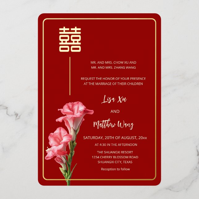 Invitación Con Relieve Metalizado Gladiolus Flower Red Gold Boda chino (Anverso)