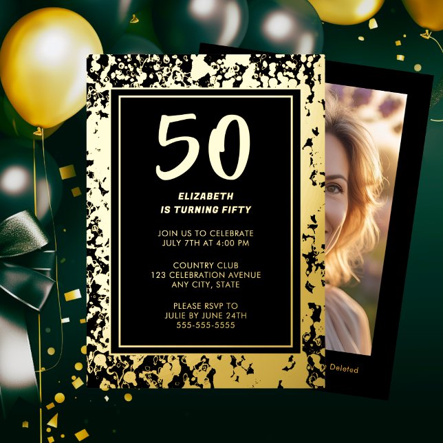Invitación Con Relieve Metalizado Glam 50th Black Gold Birthday Photo Bold Luxe (Subido por el creador)