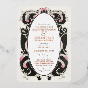 Invitación Con Relieve Metalizado Glam Art Deco Gatsby Vintage Monograma Boda Gold
