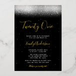 Invitación Con Relieve Metalizado Glam Black and White 21st Birthday Gold<br><div class="desc">¡Esta moderna invitación al Relieve metalizado de oro de 21 años está diseñada para impresionar! Elegante brillo falso ilumina un fondo negro con una fuente de escritura moderna.</div>