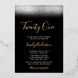 Invitación Con Relieve Metalizado Glam Black and White 21st Birthday Gold
