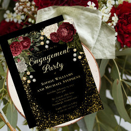 Invitación Con Relieve Metalizado Glam Burgundy Partido de Compromiso Floral Rosa
