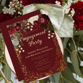 Invitación Con Relieve Metalizado Glam Burgundy Partido de Compromiso Floral Rosa