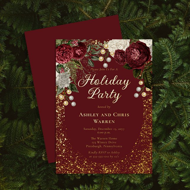 Invitación Con Relieve Metalizado Glam Burgundy Rosa fiesta de feriado de Navidades  (Subido por el creador)