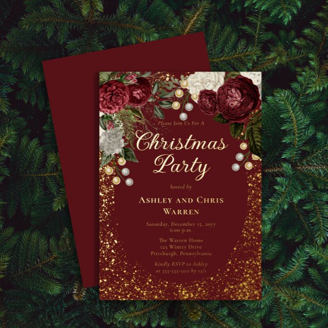 Invitación Con Relieve Metalizado Glam Burgundy Rosa fiesta de feriado de Navidades  (Subido por el creador)