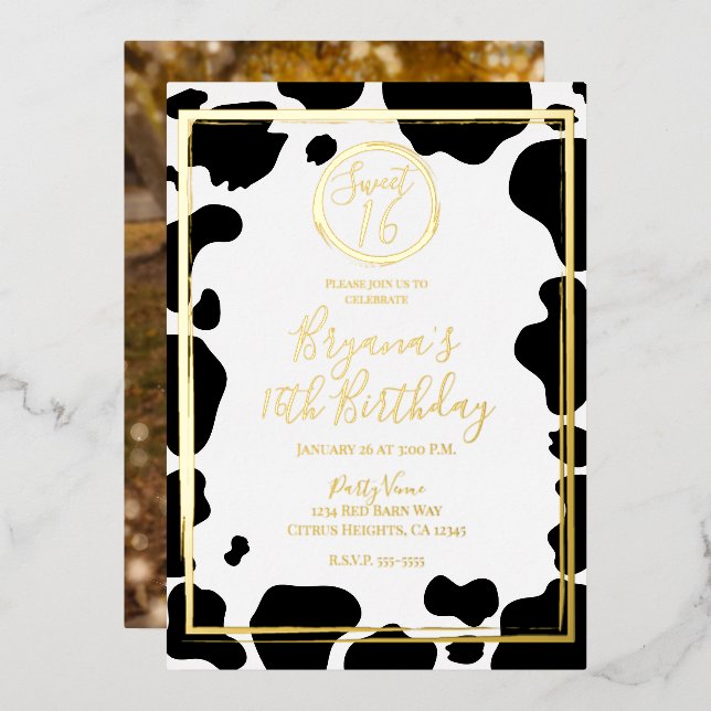 Invitación Con Relieve Metalizado Glam Cow Print Moderno Border Boda Foto Oro (Anverso/Reverso)
