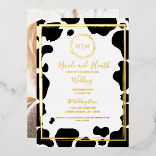 Invitación Con Relieve Metalizado Glam Cow Print Moderno Border Boda Foto Oro