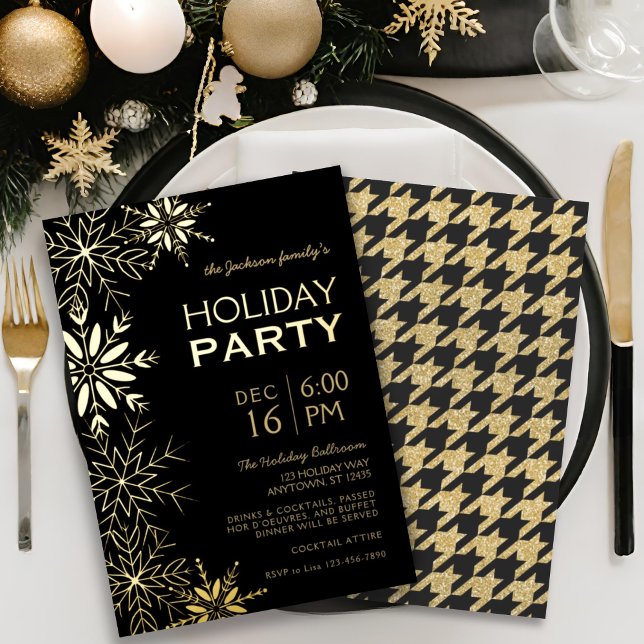 Invitación Con Relieve Metalizado Glam de vacaciones Gold & Black Houndstoth y Snowf (Subido por el creador)