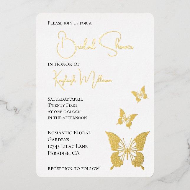 Invitación Con Relieve Metalizado Glam Diamonds Butterflies Ducha de novia (Anverso)