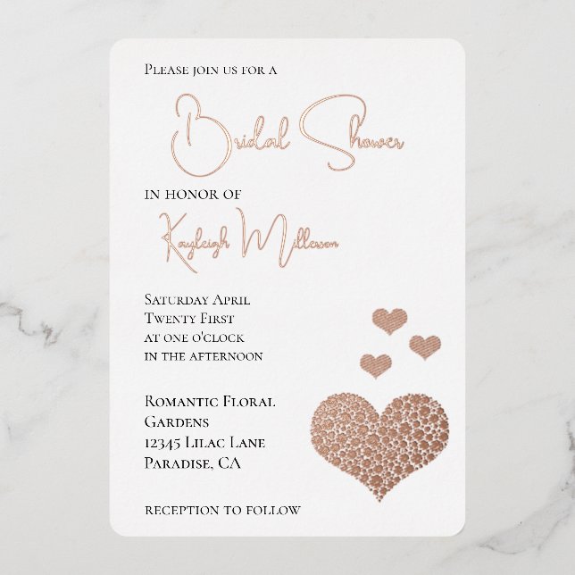 Invitación Con Relieve Metalizado Glam Diamonds Heart Bridal Shower (Anverso)