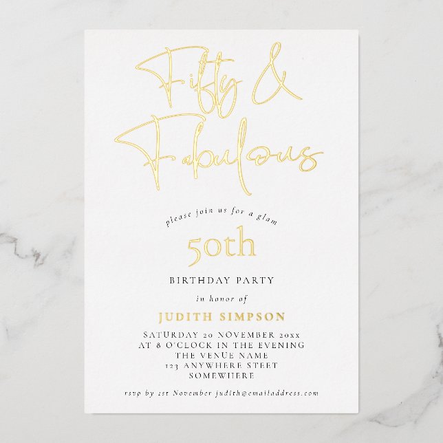 Invitación Con Relieve Metalizado Glam FIfty Fabulous Script Real (Anverso)