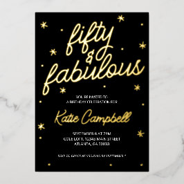 Invitación Con Relieve Metalizado Glam Fifty y Fabuloso Script Cumpleaños 50 Anivers
