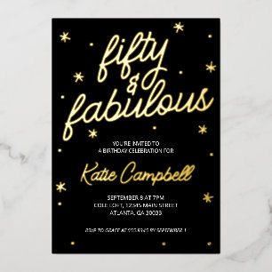 Invitación Con Relieve Metalizado Glam Fifty y Fabuloso Script Cumpleaños 50 Anivers