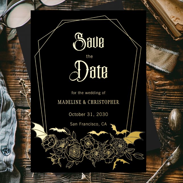 Invitación Con Relieve Metalizado Glam gótico Boda negra salva la fecha (Subido por el creador)