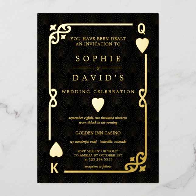 Invitación Con Relieve Metalizado Glam HOJA DE ORO Casino Las Vegas Póquer Boda (Anverso)