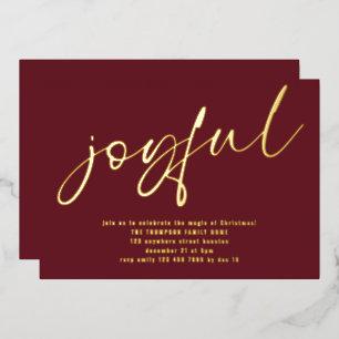 Invitación Con Relieve Metalizado Glam Joyful Script Fiesta de Navidad Burdeos Real 