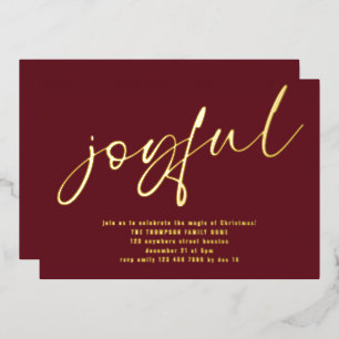 Invitación Con Relieve Metalizado Glam Joyful Script Navidades Fiesta Burgundy Real