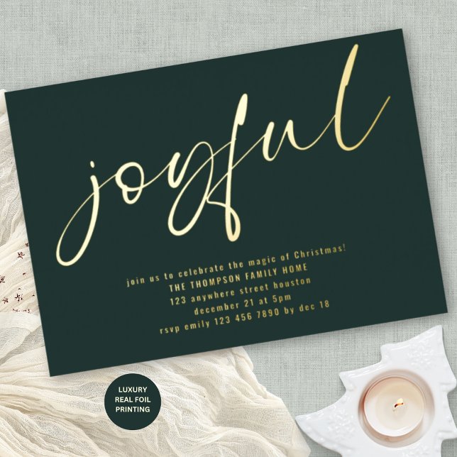 Invitación Con Relieve Metalizado Glam Joyful Script Navidades Fiesta Green Real (Luxury Real foil printing in gold, rose gold or silver)