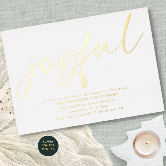 Invitación Con Relieve Metalizado Glam Joyful Script Navidades Fiesta White Real (Luxury Real Foil Printing)