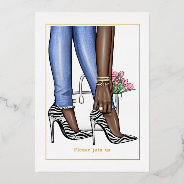 Invitación Con Relieve Metalizado Glam Moda Moda Bridal Shower (Anverso)