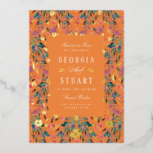 Invitación Con Relieve Metalizado Glam Naranja Gold tropical