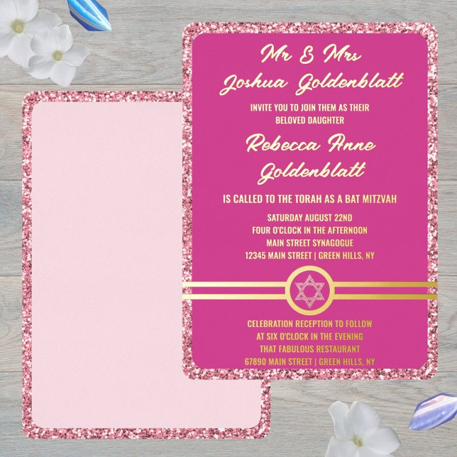 Invitación Con Relieve Metalizado Glam Pink Classic Elegante Bat Mitzvah Gold (Real gold foil printing gives these pink Bat Mitzvah invitations an elegant feel)