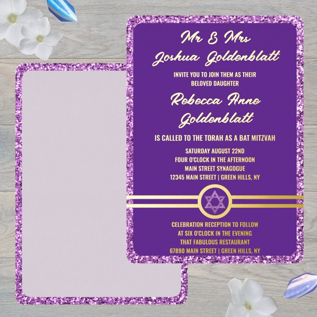 Invitación Con Relieve Metalizado Glam Purple Classic Elegant Bat Mitzvah Gold (This purple Bat Mitzvah invitation is easy to personalize)
