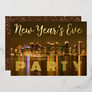 Invitación Con Relieve Metalizado Glam San Diego NYE Fiesta Personalizado Gold