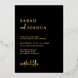 Invitación Con Relieve Metalizado Glam Simple Calligraphy Script Boda Black Gold