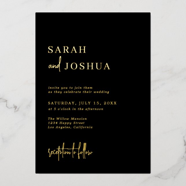 Invitación Con Relieve Metalizado Glam Simple Calligraphy Script Boda Black Gold (Anverso)