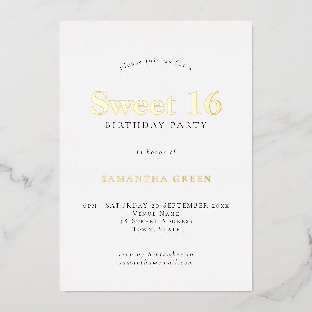 Invitación Con Relieve Metalizado Glam Sweet 16 Cumpleaños Fiesta Real Relieve metal (Anverso)