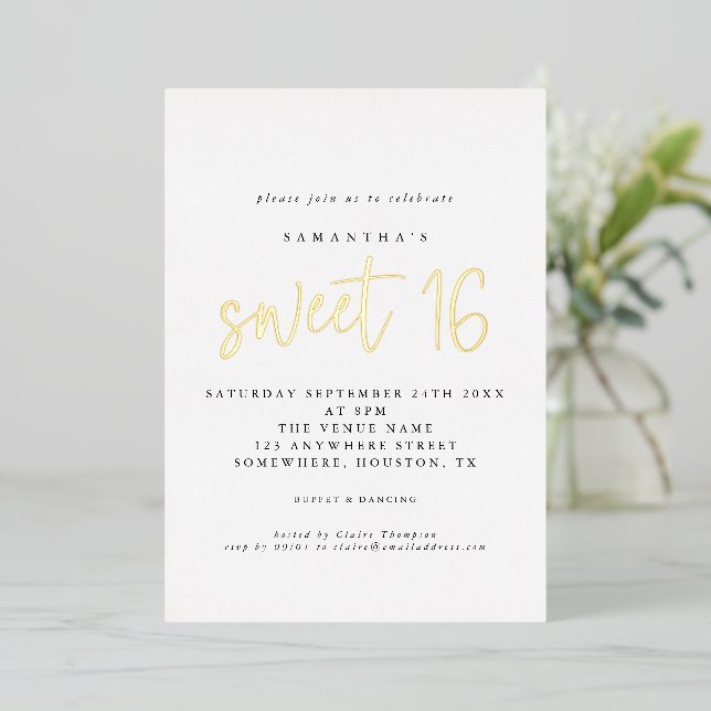 Invitación Con Relieve Metalizado Glam Sweet 16 Guión de fiesta de cumpleaños Real R (Anverso de pie)