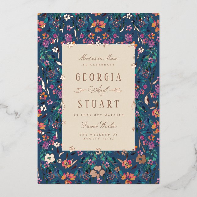 Invitación Con Relieve Metalizado Glam Tropical Oscuro Turquesa Magenta (Anverso)
