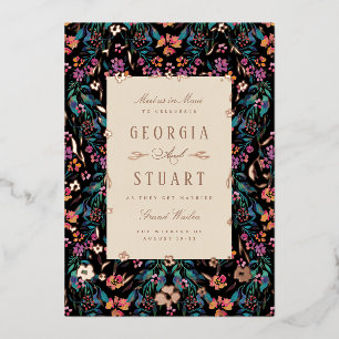 Invitación Con Relieve Metalizado Glam Tropical Turquesa oscuro Magenta Boda negro