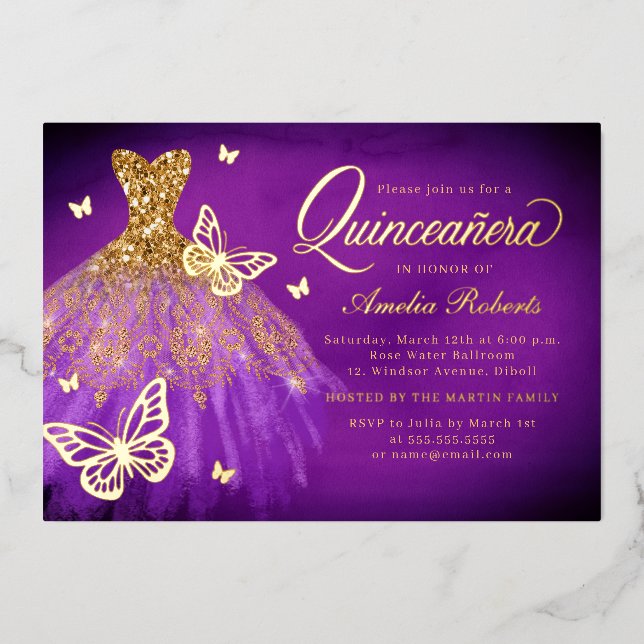 Invitación Con Relieve Metalizado Glamorosa Esparkle Vestido Mariposa Quinceanera (Anverso)