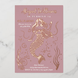 Invitación Con Relieve Metalizado Glamorosa sirena rosa bajo el mar Cumpleaños