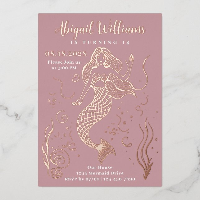 Invitación Con Relieve Metalizado Glamorosa sirena rosa bajo el mar Cumpleaños (Anverso)