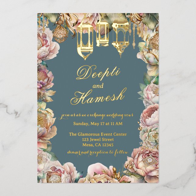 Invitación Con Relieve Metalizado Glamorosas noches árabes Boda Floral Azul