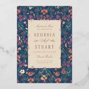 Invitación Con Relieve Metalizado Glamour Tropical Turquesa Oscuro Magenta