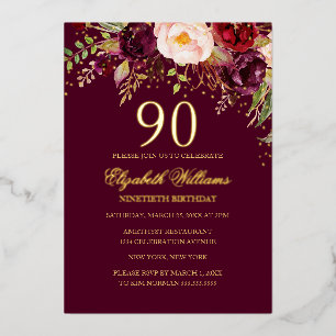 Invitación Con Relieve Metalizado Glitter Floral Brillante Burgundy Cumpleaños 90