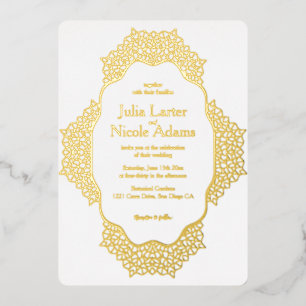 Invitación Con Relieve Metalizado Glittering Geométrico Golden Framed Classic Boda