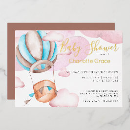 Invitación Con Relieve Metalizado Globo aerostático azul en el cielo para baby showe