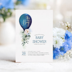 Invitación Con Relieve Metalizado Globo azul marino Es una ducha de bebé para niño