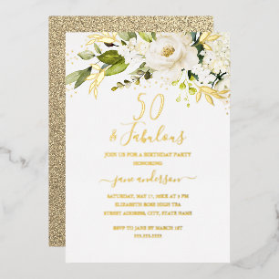 Invitación Con Relieve Metalizado Globo de Oro Floral Champagne 50 y Fabuoso Cumplea