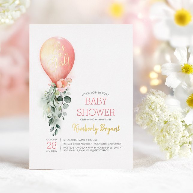 Invitación Con Relieve Metalizado Globo floral rosa es un Baby Shower Chica (Blush Pink Balloon Gold Foil Baby Shower Invitation It's a Girl)
