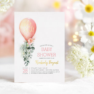 Invitación Con Relieve Metalizado Globo floral rosa Es una niña Cumpleaños