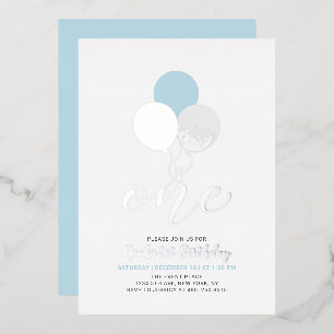 Invitación Con Relieve Metalizado Globos azules y plateados Cumpleaños niño 1 primer