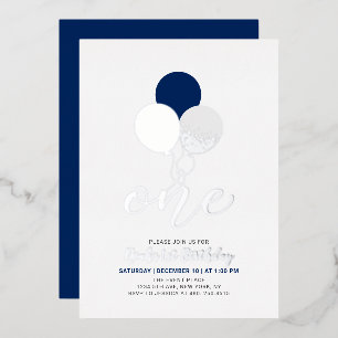 Invitación Con Relieve Metalizado Globos azules y plateados Uno 1er Cumpleaños de ni
